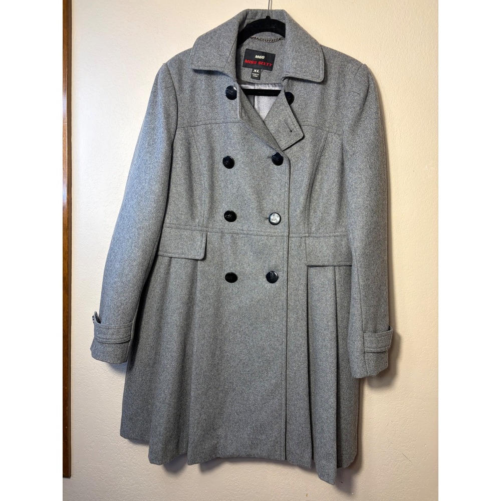 Miss Sixty M60 Womens Gray Double Breasted Pleated Pea Coat Jacket XL